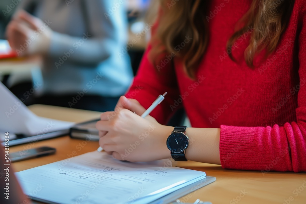 Aufkleber student engaged in note-taking while attending a classroom lecture in early morning