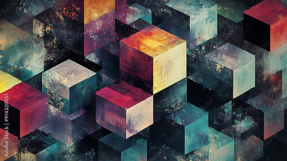 Poster abstract geometric pattern of colorful cubes with grunge texture