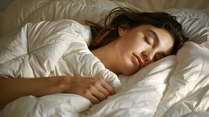 A woman sleeping soundly in cozy white bedding, enveloped in warmth and comfort, enjoying a peaceful rest.