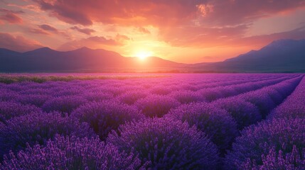 Obraz premium Scenic view of a lavender field in full bloom at sunset