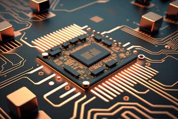 Closeup of a computer chip on a circuit board with copper wiring.