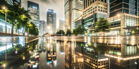Fototapeta premium Night cityscape with skyscrapers reflecting in water