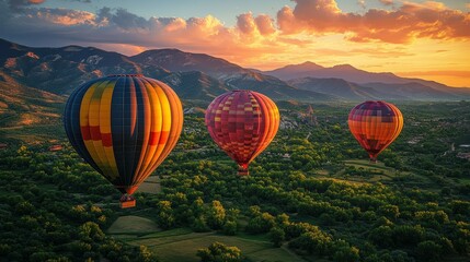 Obraz premium Colorful hot air balloons floating over a scenic valley