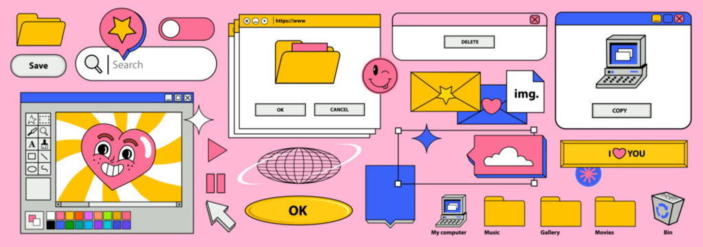 Vaporwave desktop. Template different screens on an old retro PC in the y2k style.