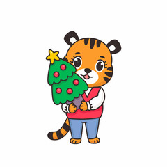 Cartoon funny tiger with Christmas tree in his hands. Cute baby animal character with smiling friendly muzzle. New year vector illustration isolated on white background