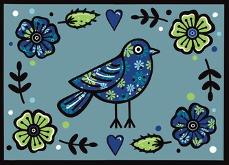 Collage bird illustration with flowers and hearts. Folk art style bird illustration. Line art bird. Naive folk art bird illustration. Floral bird design in a collage art style. Floral patterned border