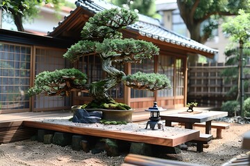 Fototapeta premium a bonsai tree in a garden. 