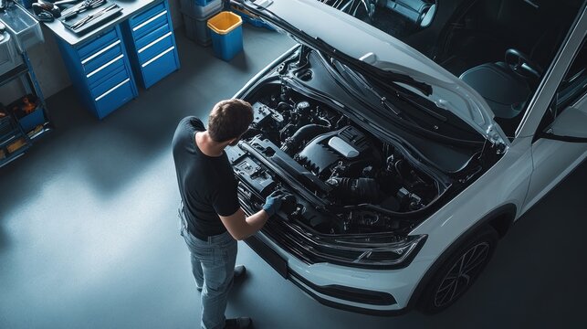 Under the hood. A car mechanic working on the engine of a white car in a modern workshop, car repairs concept, top view.