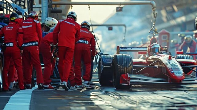 Racing crew providing racing attention at the pit stop during a daytime competition