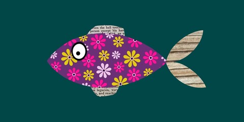 Single fish collage created with floral pattern and old text. Collage fish image. Mixed media fish art. Mixed media fish image. Cute fish montage. Floral fish. Illustration of a fish created with scra