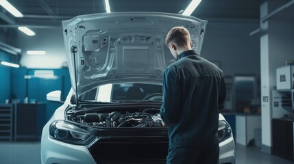Under the hood. A car mechanic working on the engine of a white car in a modern workshop, car repairs concept, Rear view.