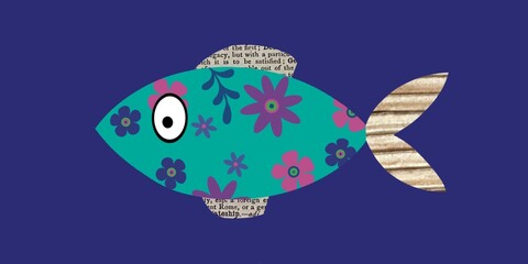 Single fish collage created with floral pattern and old text. Collage fish image. Mixed media fish art. Mixed media fish image. Cute fish montage. Floral fish. Illustration of a fish created with scra