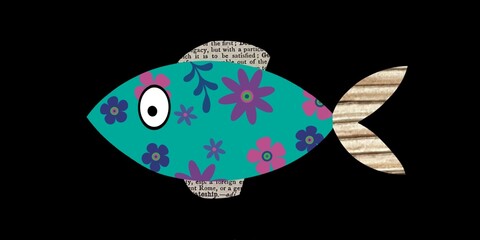 Single fish collage created with floral pattern and old text. Collage fish image. Mixed media fish art. Mixed media fish image. Cute fish montage. Floral fish. Illustration of a fish created with scra