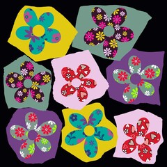 Collage flower design. Floral collage design. Flowers cut out from patterned papers and placed on torn paper shapes. Colourful floral patchwork art. Mixed media collage style. Bold colours and pattern