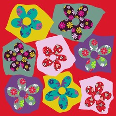 Collage flower design. Floral collage design. Flowers cut out from patterned papers and placed on torn paper shapes. Colourful floral patchwork art. Mixed media collage style. Bold colours and pattern