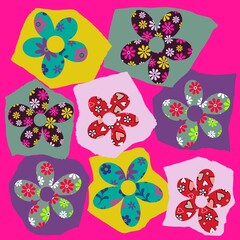 Collage flower design. Floral collage design. Flowers cut out from patterned papers and placed on torn paper shapes. Colourful floral patchwork art. Mixed media collage style. Bold colours and pattern