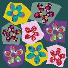 Collage flower design. Floral collage design. Flowers cut out from patterned papers and placed on torn paper shapes. Colourful floral patchwork art. Mixed media collage style. Bold colours and pattern