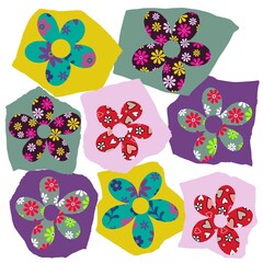 Collage flower design. Floral collage design. Flowers cut out from patterned papers and placed on torn paper shapes. Colourful floral patchwork art. Mixed media collage style. Bold colours and pattern