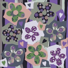 Collage flower design. Floral collage design. Flowers cut out from patterned papers and placed on torn paper shapes. Heart shapes, Striped background. Colourful floral patchwork art. Mixed me