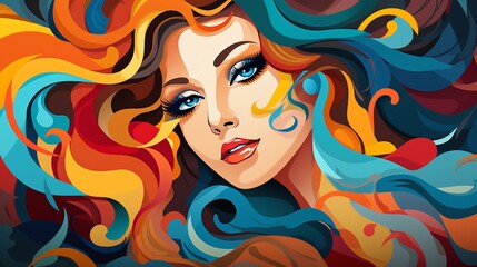 Abstract portrait of a woman with colorful hair and makeup.