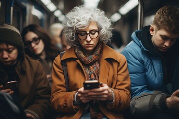 Fototapeta premium sad woman with gray curly hair in a coat looks at her phone in a crowded subway