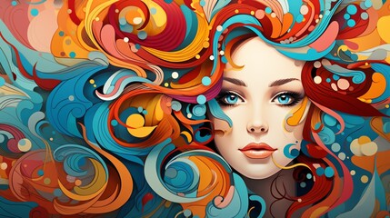 Abstract portrait of a woman with colorful hair and makeup.