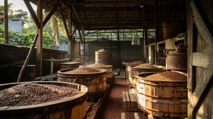 Large wooden vats filled with cocoa beans in a traditional processing facility.  Sunlight streams through the open structure.
