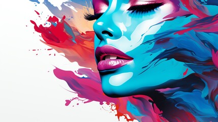 Naklejka premium Abstract portrait of a woman with colorful paint splatters.