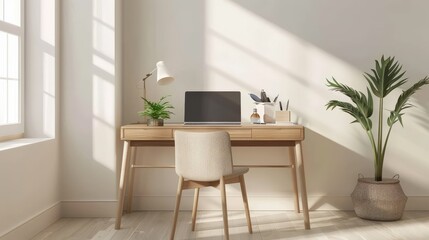 Fototapeta premium Minimalist home office with wooden desk, laptop, plant and natural light.