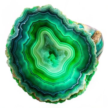 Amazing cross-section of Green Agate Crystal cut isolated on white background. Natural translucent agate crystal surface, Green abstract structure slice mineral stone macro closeup