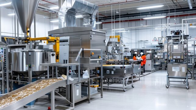 Modern industrial food production facility with machinery and workers.