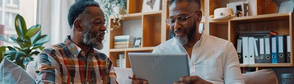 Poster insurance agent discussing policy with client using tablet in modern office setting