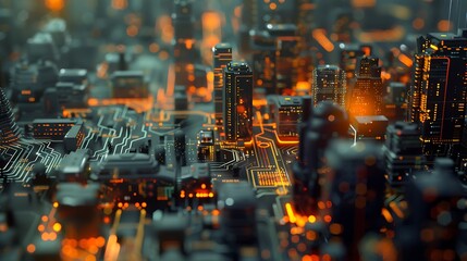 Futuristic Cityscape Built on a Circuit Board