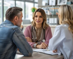 Insurance Agent Presenting Life Policy to Clients in Warm Professional Setting