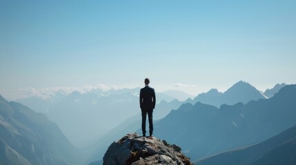 Business person standing on a mountaintop, looking at the horizon.