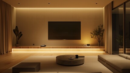 Fototapeta premium Modern living room with warm lighting, minimalist furniture, and a large television screen.