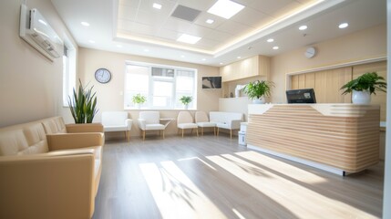 Fototapeta premium Dental office with waiting area and reception desk.