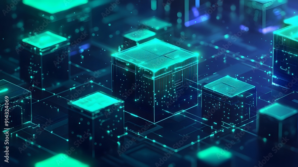 Poster a futuristic digital grid with neon green glowing data blocks, representing advanced technology, blo