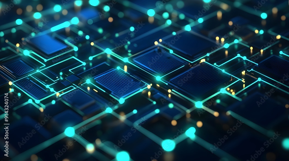 Poster a futuristic digital microchip circuit board with glowing elements, representing modern technology a