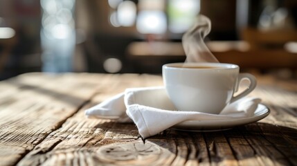 Fototapeta premium Place a steaming coffee cup next to a neatly folded white napkin on a rustic wooden table for a cozy