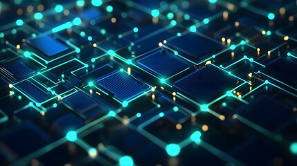 Fototapeta premium A futuristic digital microchip circuit board with glowing elements, representing modern technology and advanced computing.