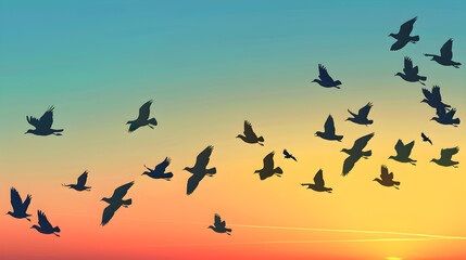 A flock of birds flying in the sky at sunset. AI generative.