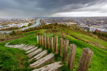 ROUEN, NORMANDY, FRANCE 2024: hiking trail on Cote Sainte Catherine hill, Lacroix river Island apartment buildings, Archives Tower, Cathedral in historic center and all 6 bridges across Seine river