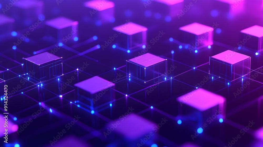Poster abstract blockchain network consisting of purple and blue cubes interconnected digitally, representi