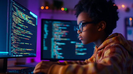 Boy building a coding project AI code assistants help error-check existing code and generate new code from text prompts