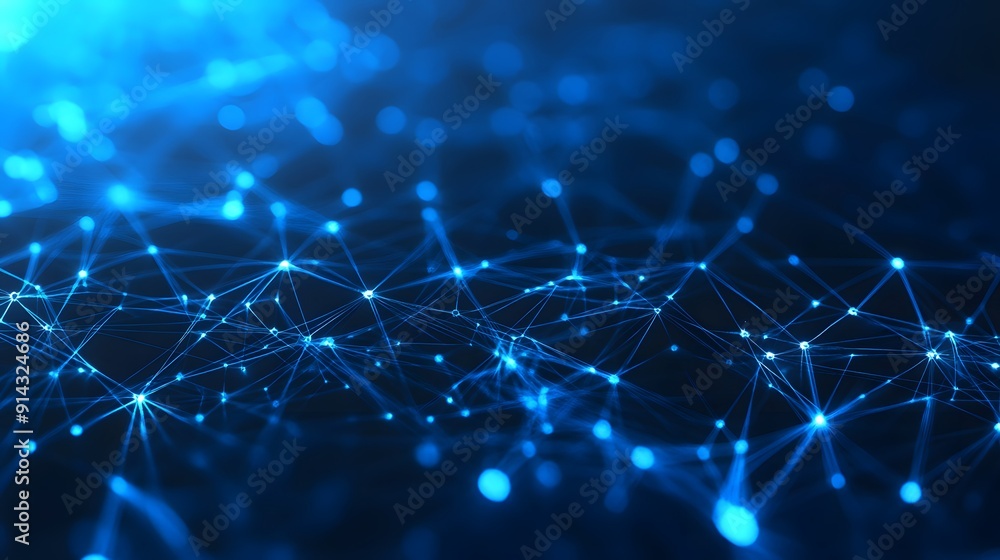 Poster Abstract blue digital network background showcasing a web of interconnected nodes and lines, ideal for technology-themed designs.