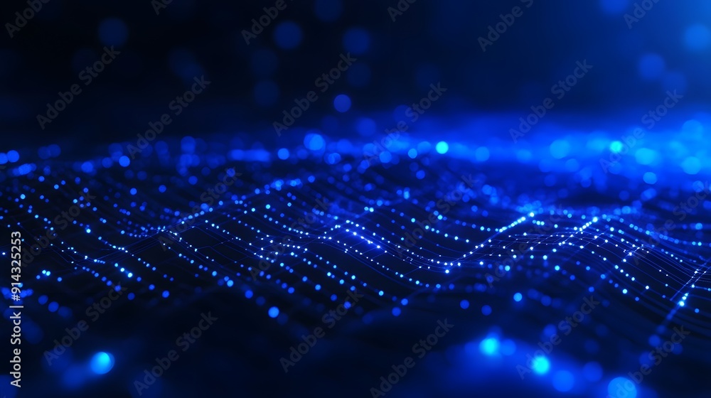 Poster abstract blue digital wave with glowing particles and dots on a dark background. futuristic technolo