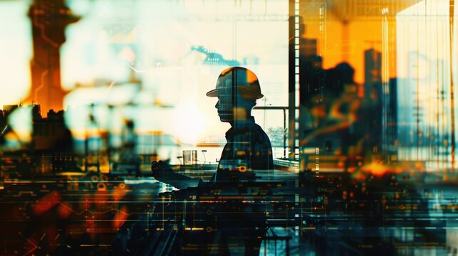 Silhouette of a construction worker in a hardhat, standing in front of a blurred city background.