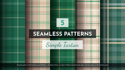 5 Seamless Simple Tartan Pattern. Traditional Scottish Texture. Fashionable Fabric. Textile Background