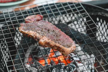 Searing Steak Over Glowing Charcoal, A seasoned steak sits on a grill over glowing hot coals, capturing the sizzle and heat of outdoor cooking, as it sears to perfection